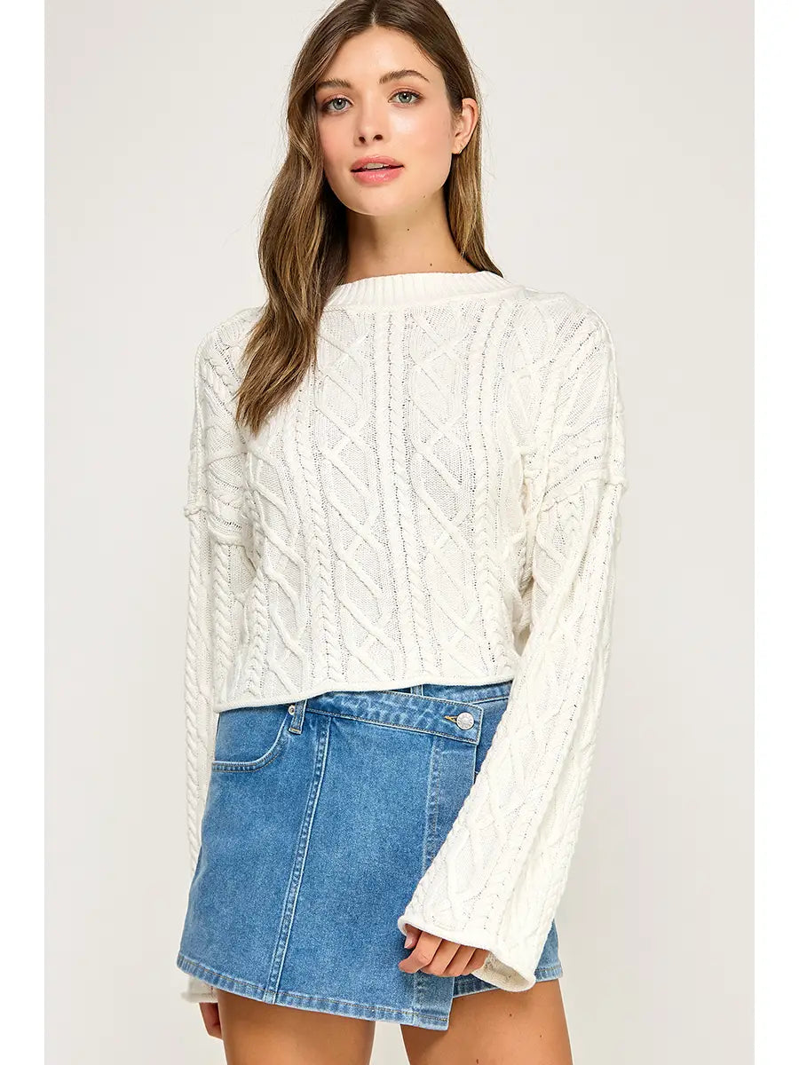 Cropped Cable Knit Pullover Sweater