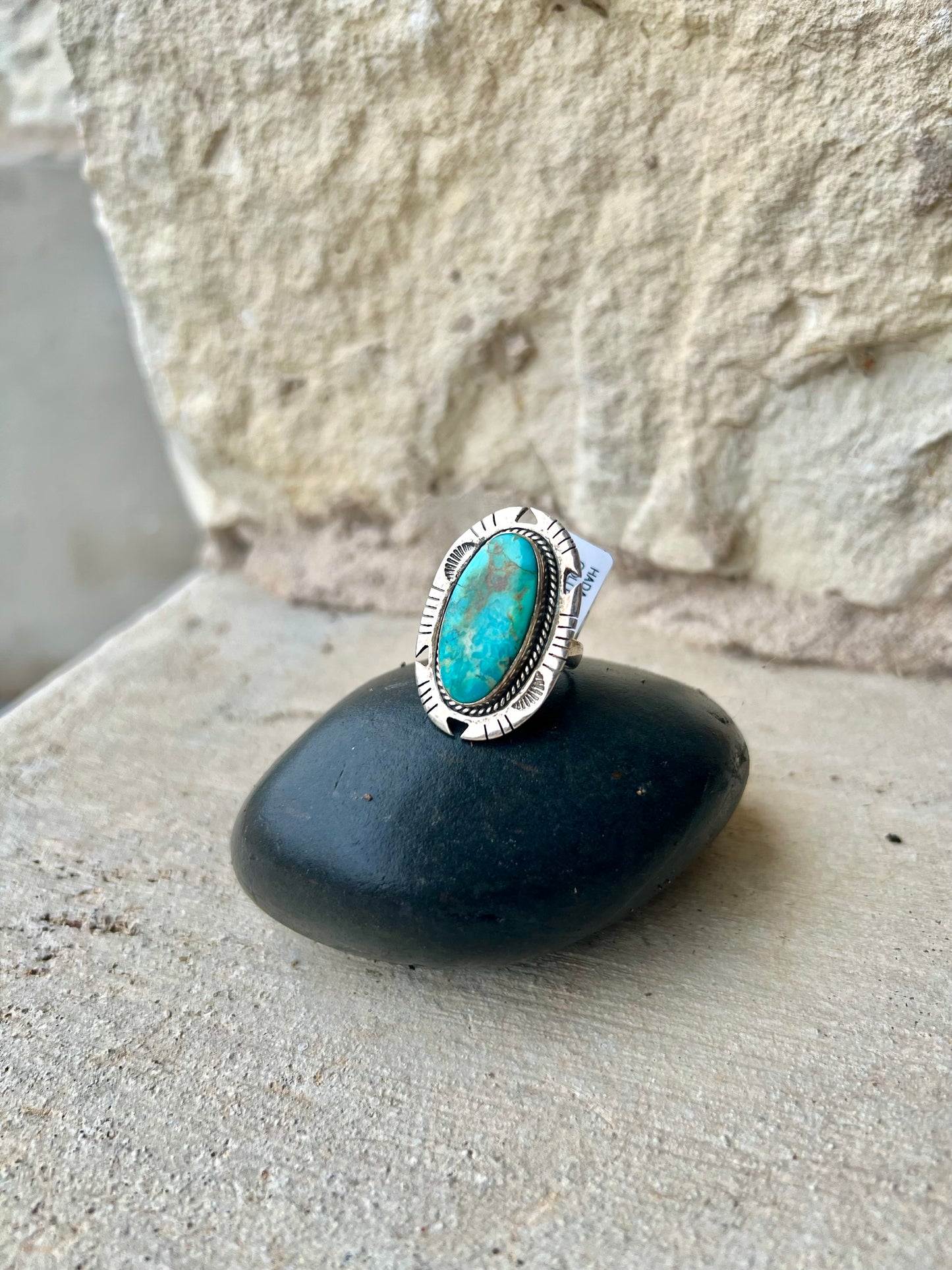 HADA Hand-Stamped Sterling Detail Oval Statement Turquoise Ring - Size 6