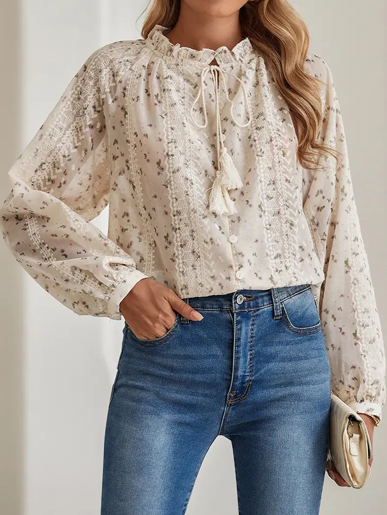 Floral Tassel Tie Peasant Blouse
