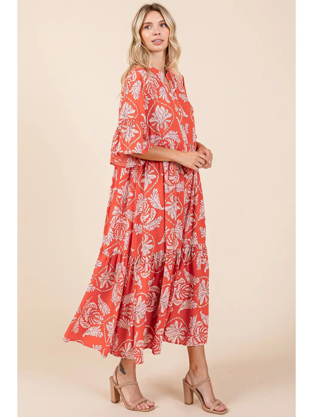 Abstract Leaf Print Tiered Ruffle Maxi Dress