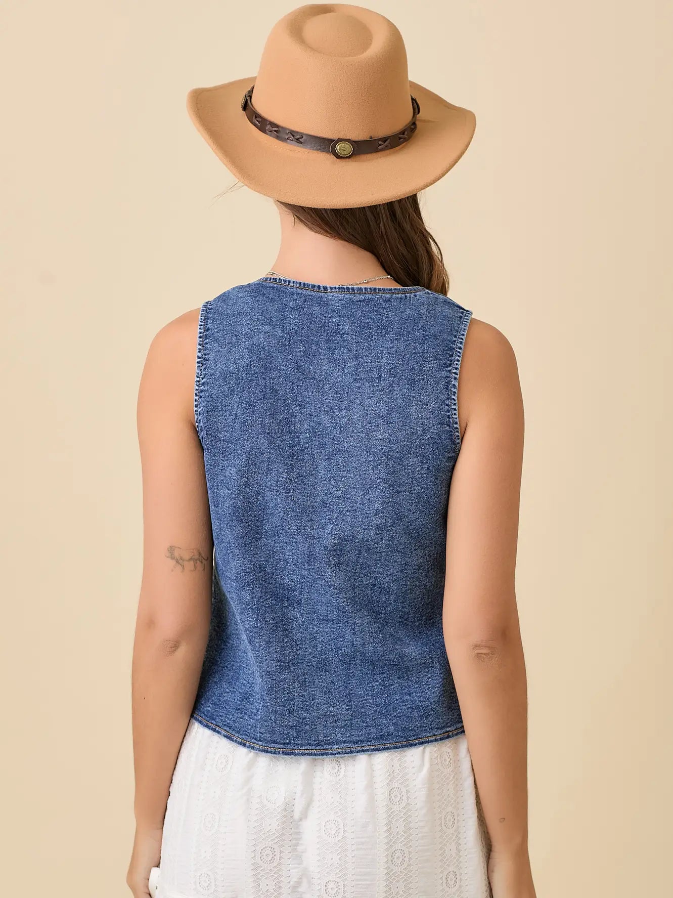 Denim Vest w/ Front Tie and Embroidery