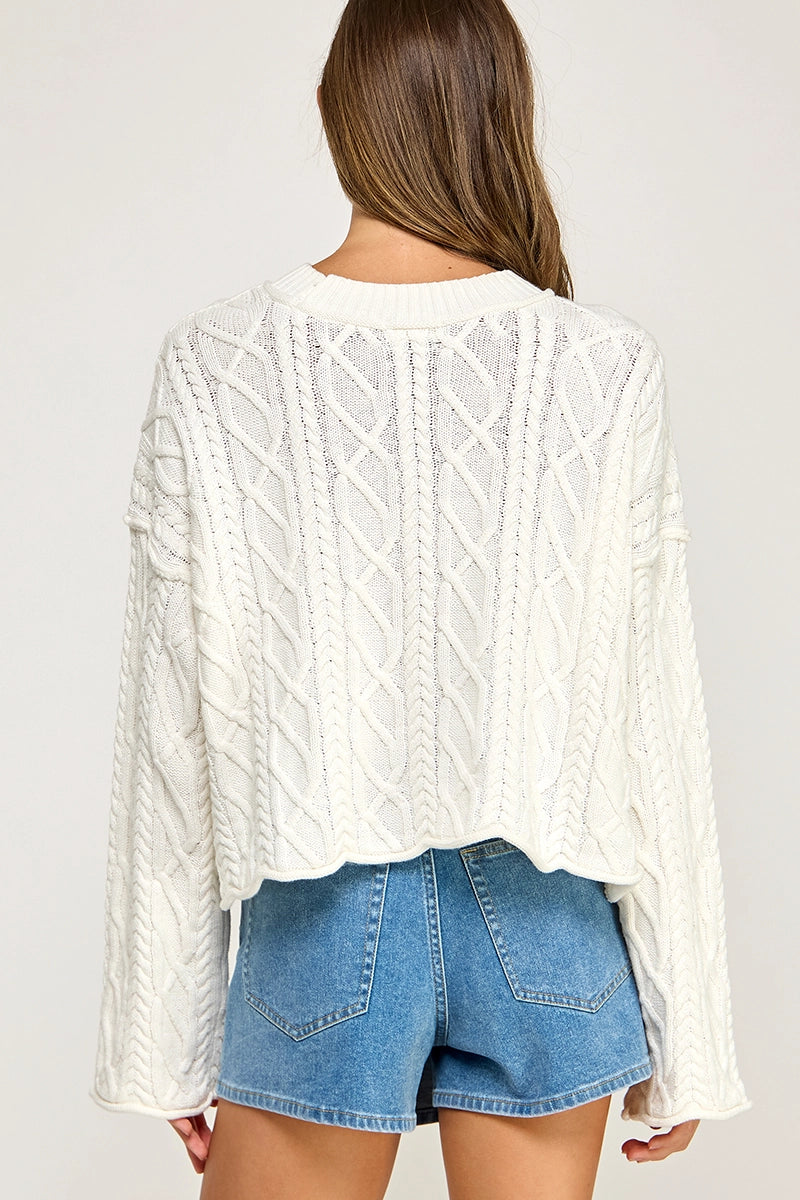 Cropped Cable Knit Pullover Sweater