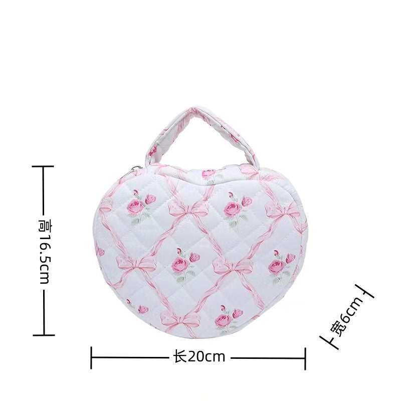 Floral Cotton Quilted Heart Shaped Cosmetic Bag