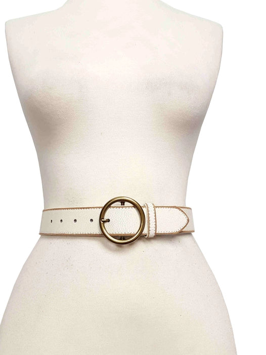 Vintage Leather Belt with Distress Burnish Edge - Cream
