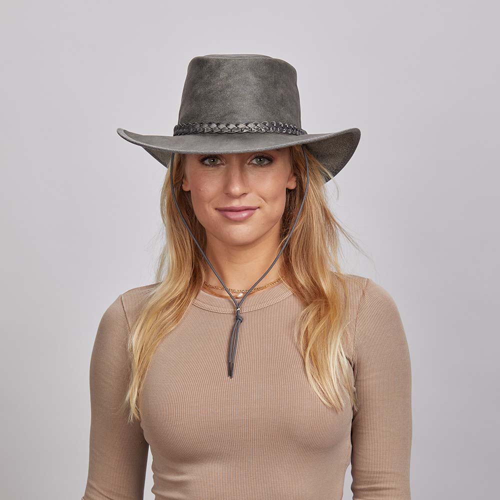 Leather Crushable Outback Hat - Bomber Grey
