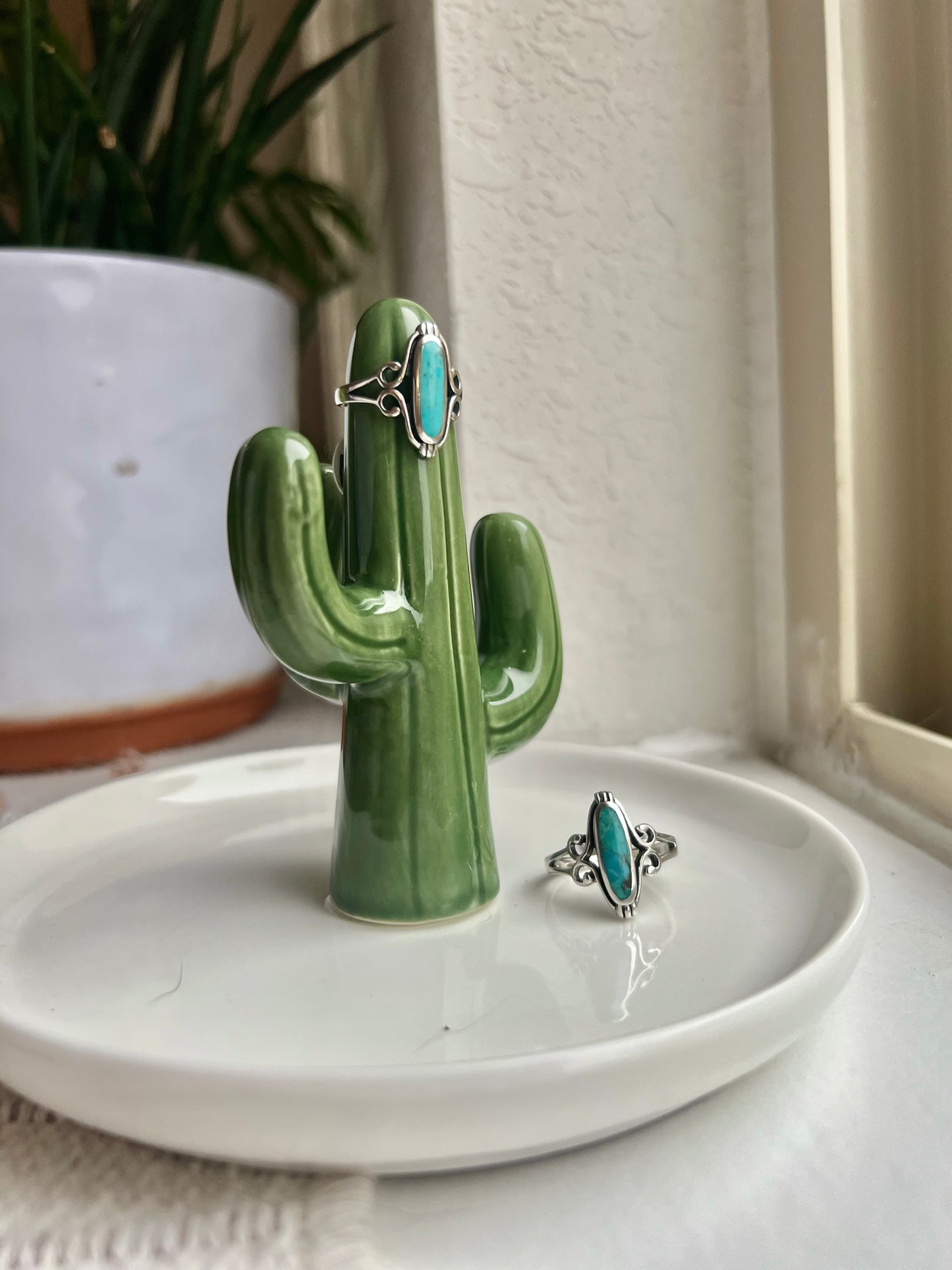 Long Oval Sculpted Silver Turquoise Ring