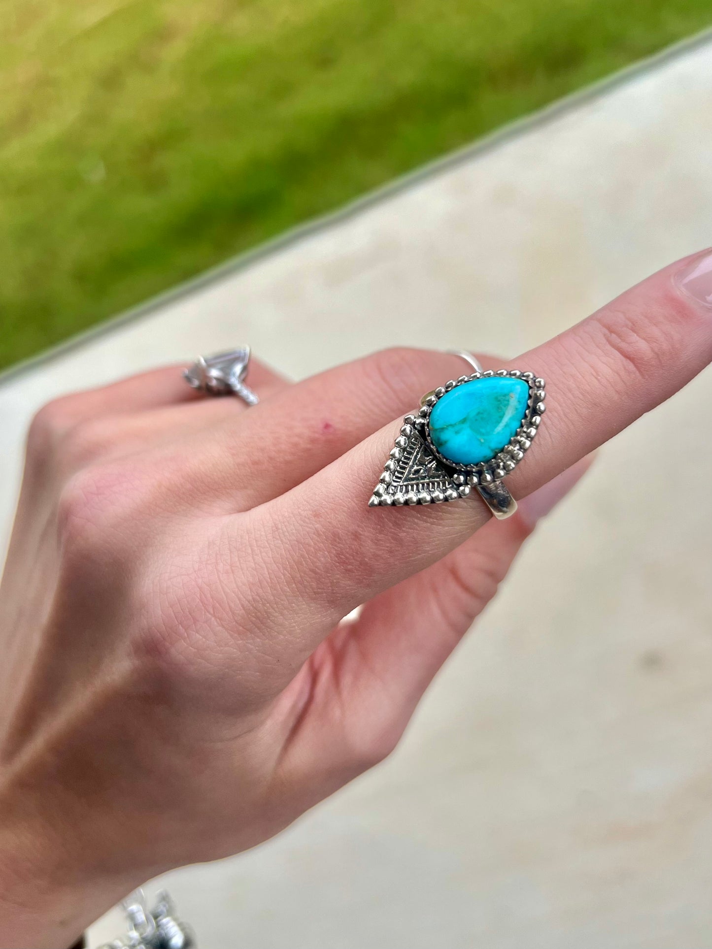 HADA Navajo Kingman Turquoise Architectural Silver Ring - Size 7