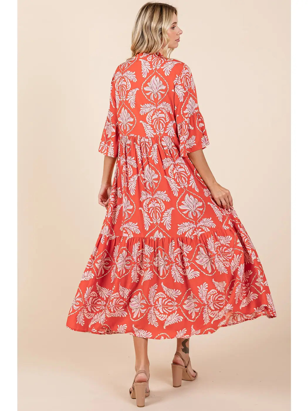 Abstract Leaf Print Tiered Ruffle Maxi Dress