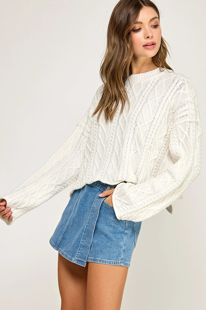 Cropped Cable Knit Pullover Sweater