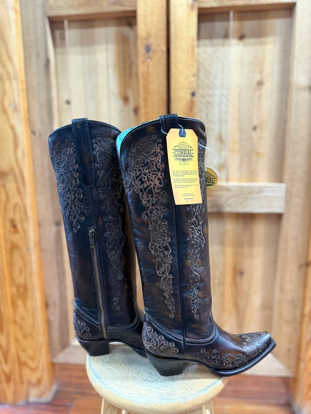 Corral Black/Honey Floral Embroidery Tall Top Boot