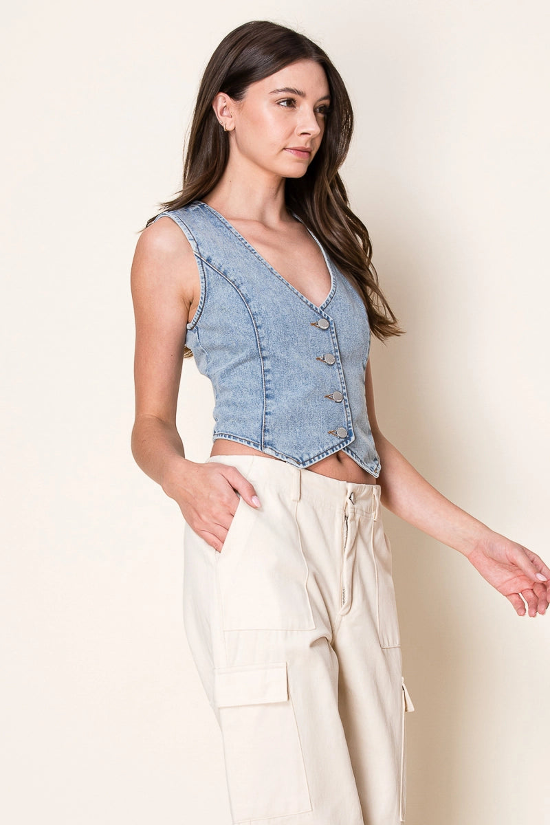Denim Button Up Fitted Vest