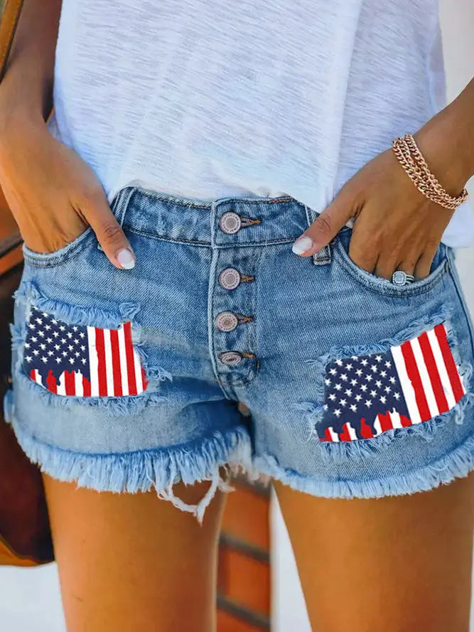 Patchwork American Flag Denim Shorts