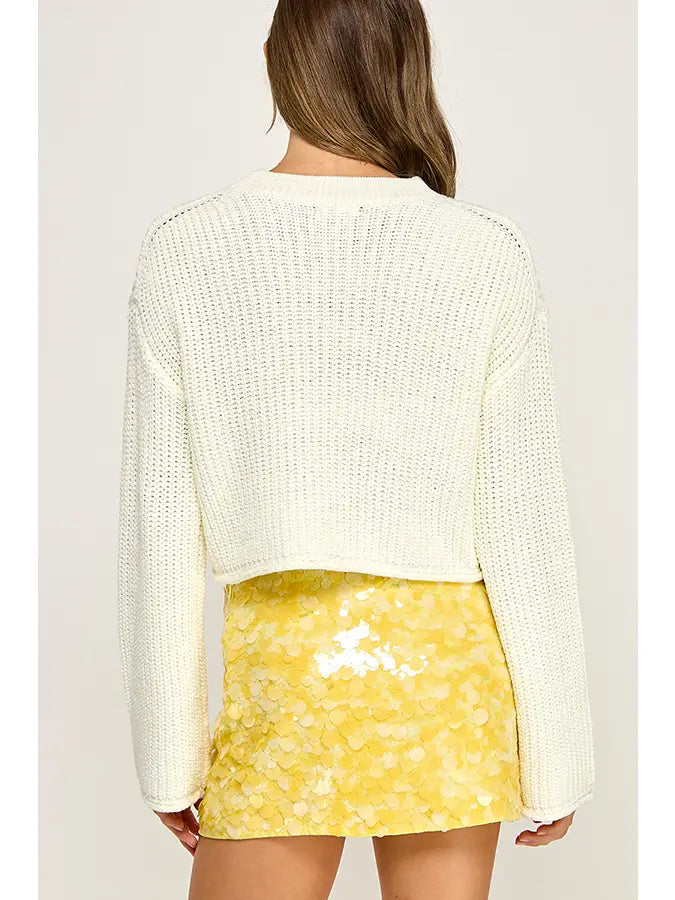 Waffle Knit Off-White Cropped Sweater