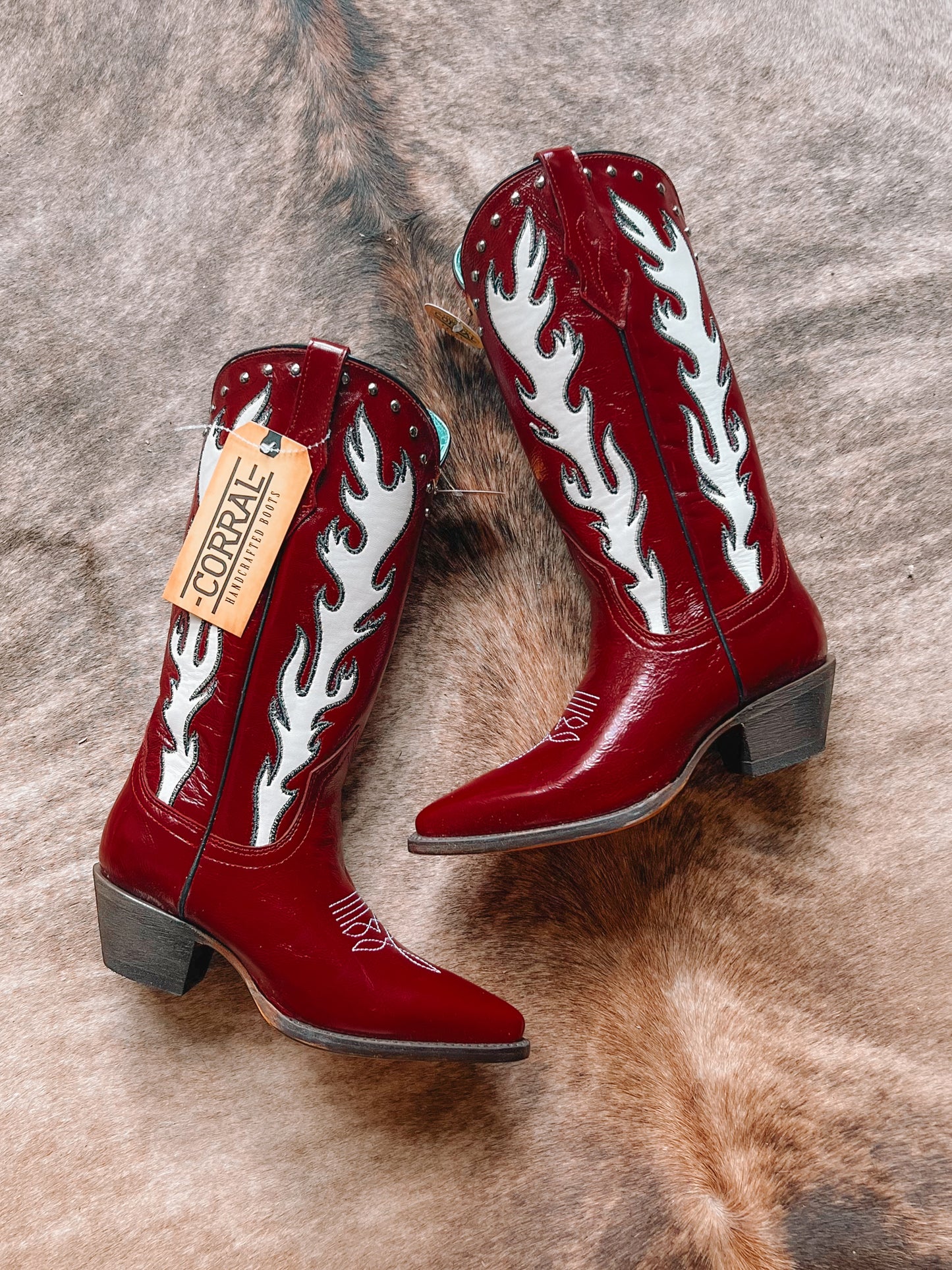 Corral Womens Red Flame Stitch & Studs Boot