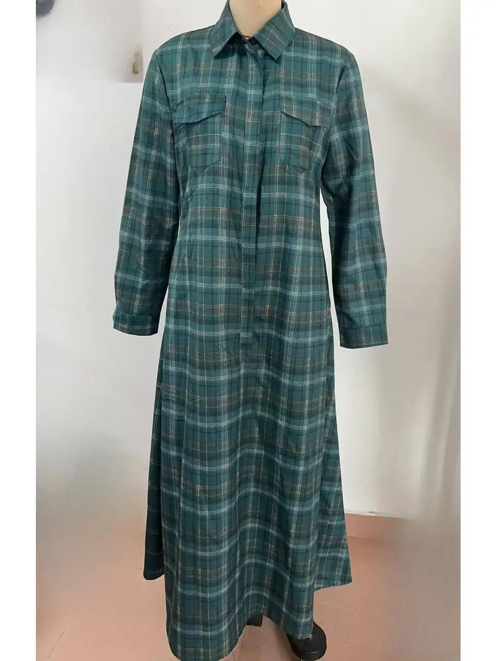 Green Plaid Long Sleeve Button Up Maxi Dress