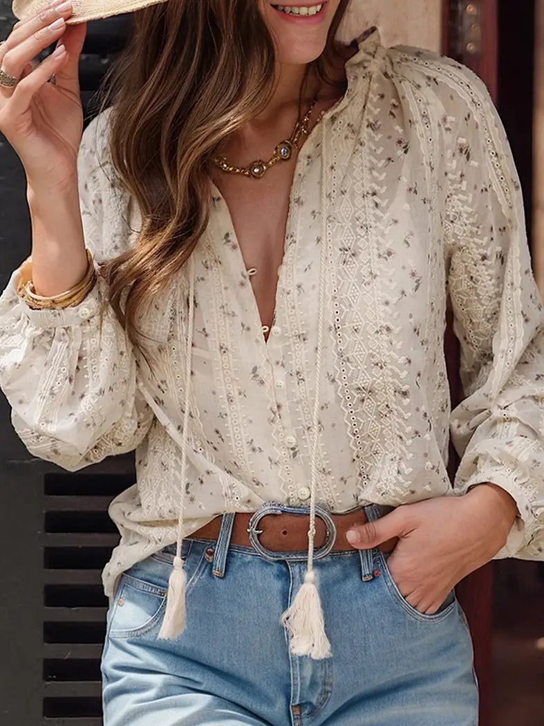 Floral Tassel Tie Peasant Blouse
