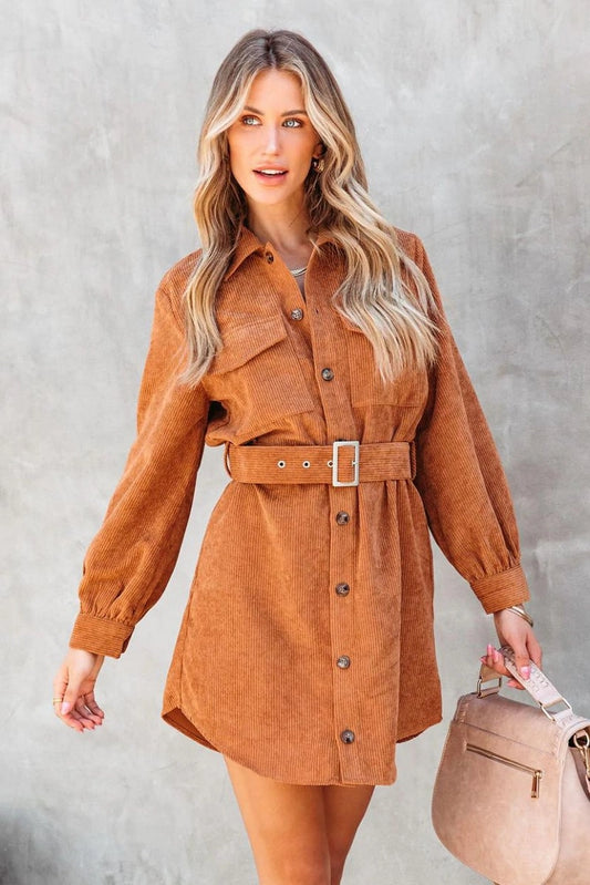 Corduroy Belted Button Down Dress