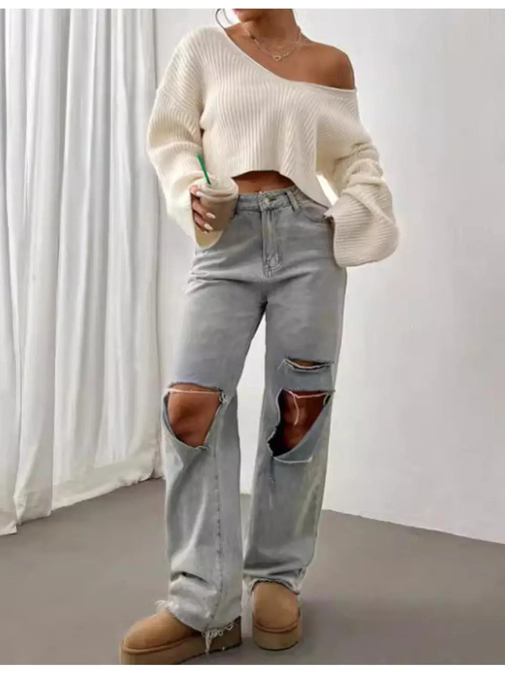 Ladies Drop Shoulder Ribbed Knit Sweater