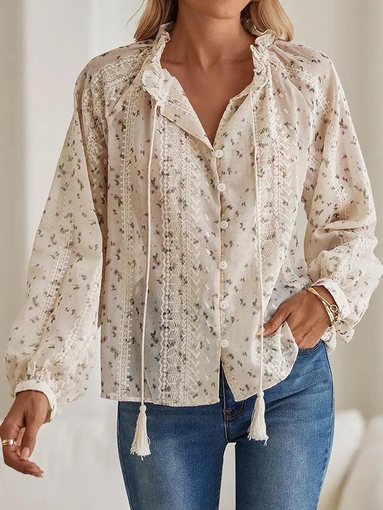 Floral Tassel Tie Peasant Blouse