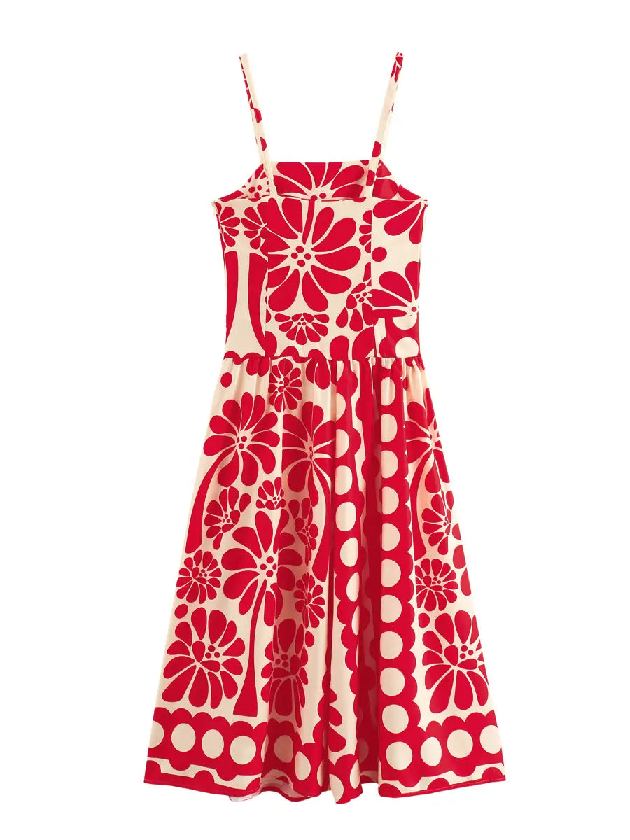 Red Floral Sleeveless Midi Dress