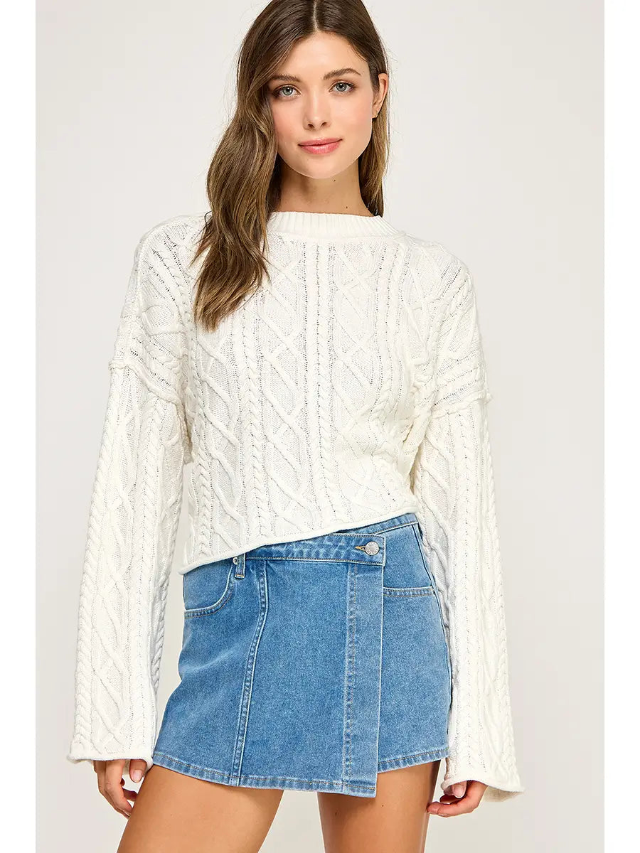 Cropped Cable Knit Pullover Sweater