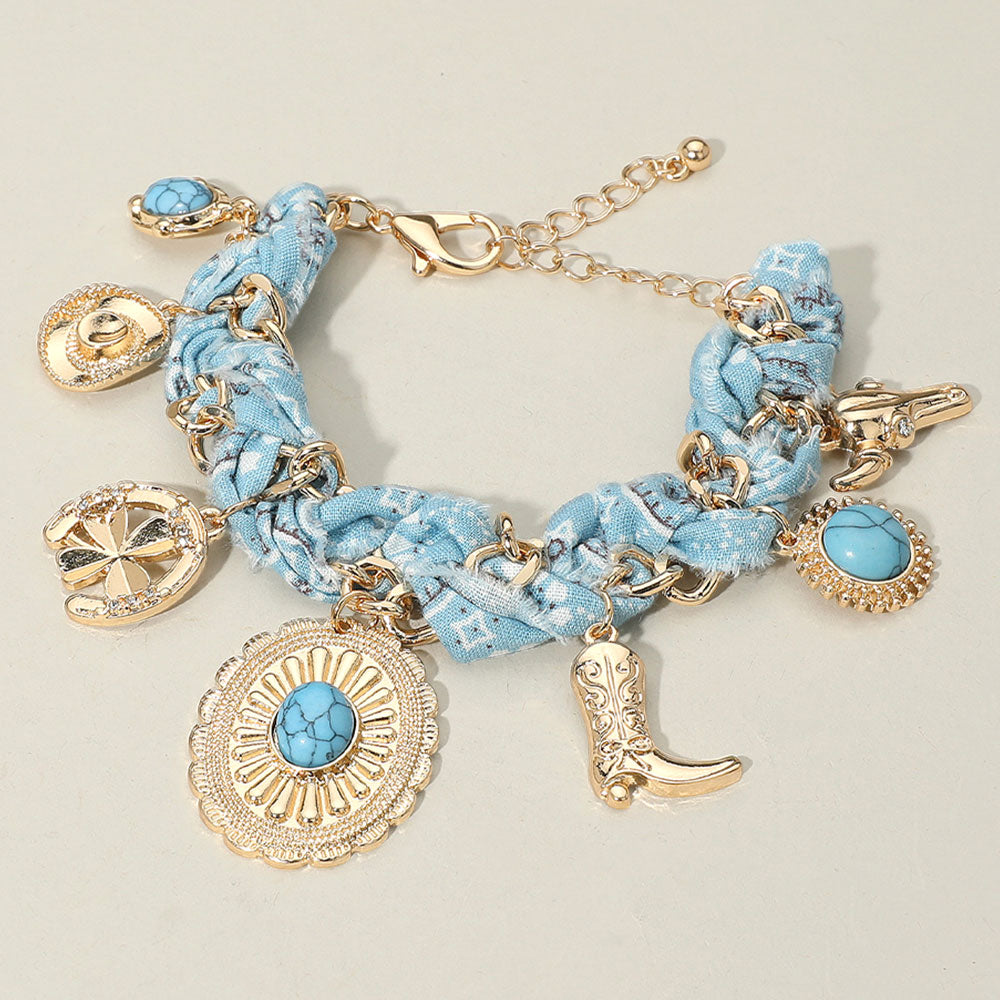 Western Hat Boot Charm Fabric Chain Bracelet