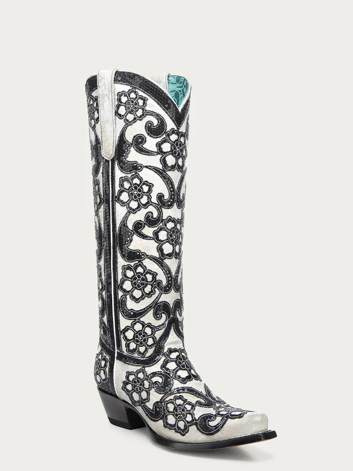 Corral White Overlay Sequin-Embroidery Flora Boot