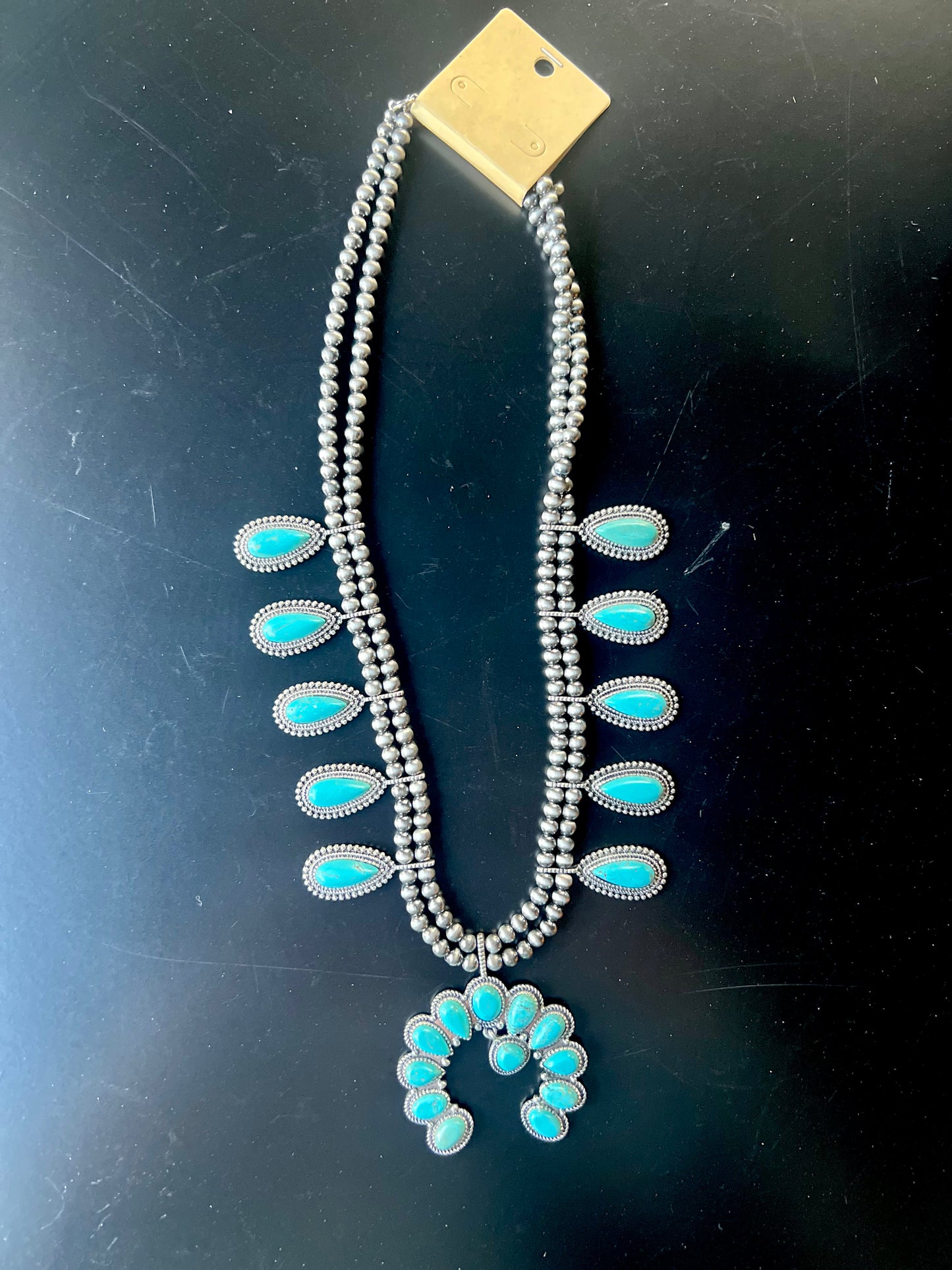 Navajo Beaded Large Turquoise Squash Blossom Necklace
