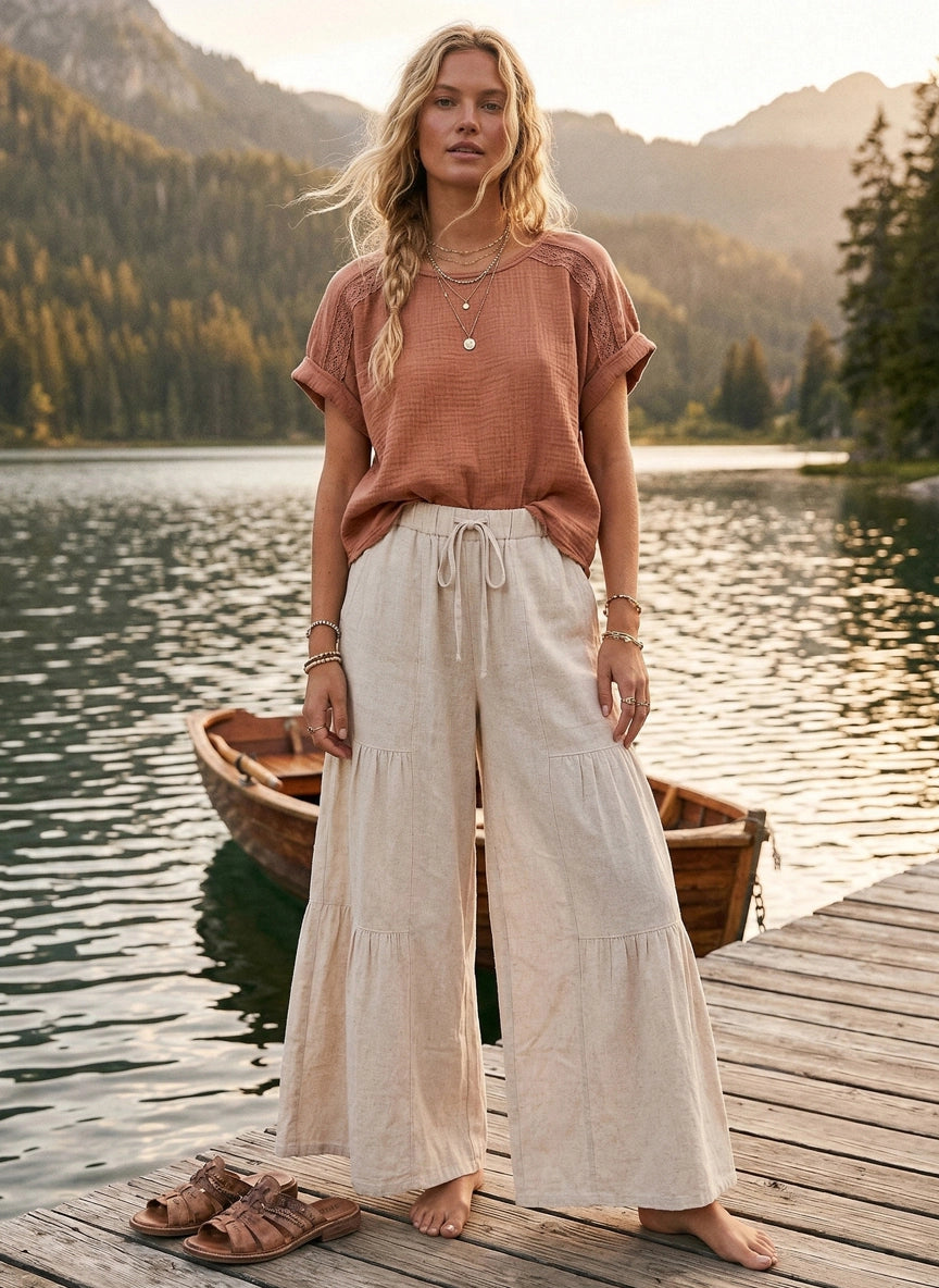 Linen Blend Tiered Wide Let Palazzo Pants