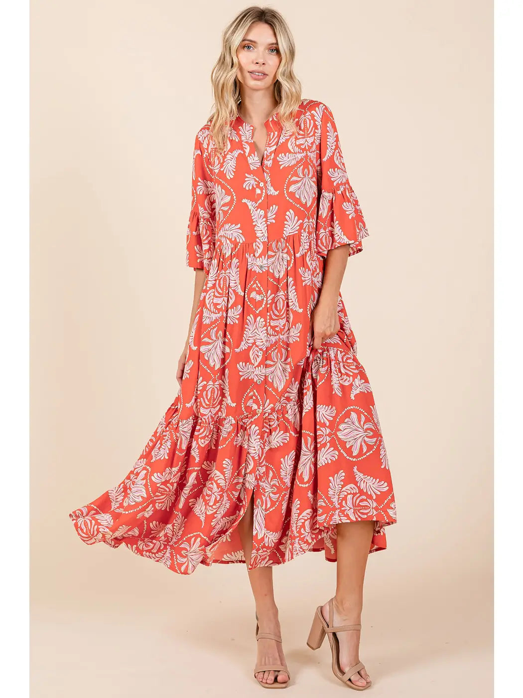 Abstract Leaf Print Tiered Ruffle Maxi Dress
