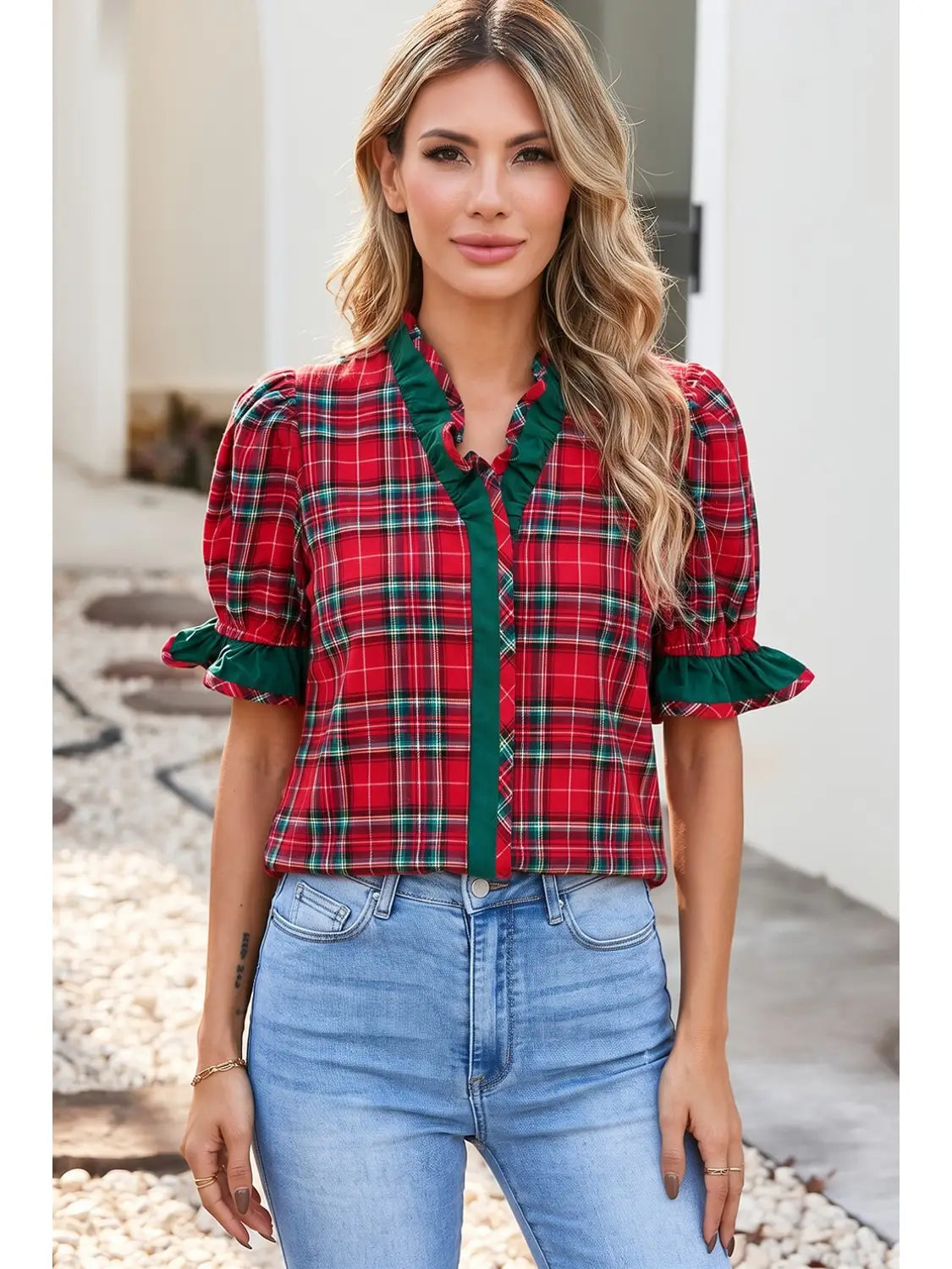 Plaid V-Neck Ruffle Trim Blouse