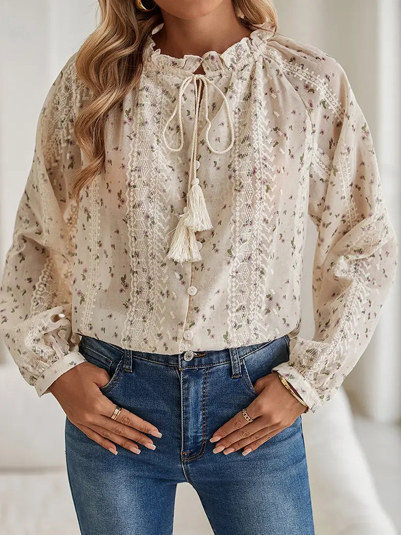 Floral Tassel Tie Peasant Blouse