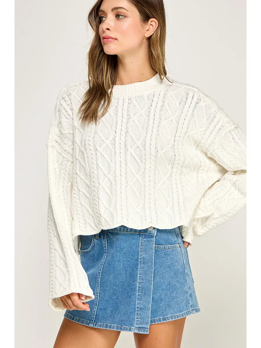 Cropped Cable Knit Pullover Sweater