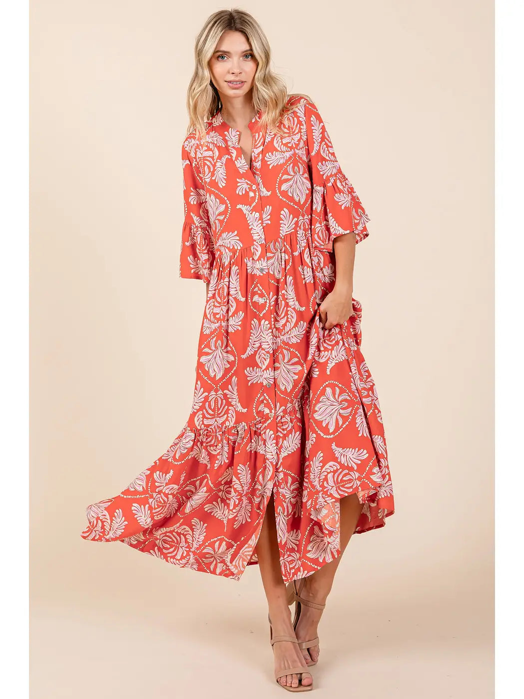 Abstract Leaf Print Tiered Ruffle Maxi Dress