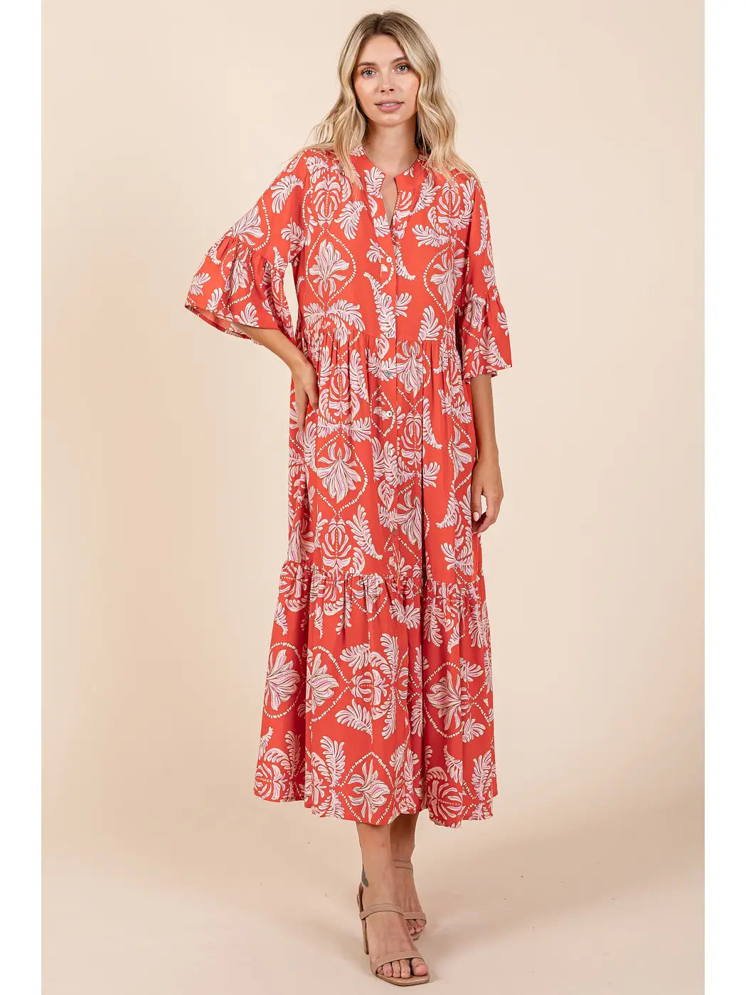 Abstract Leaf Print Tiered Ruffle Maxi Dress