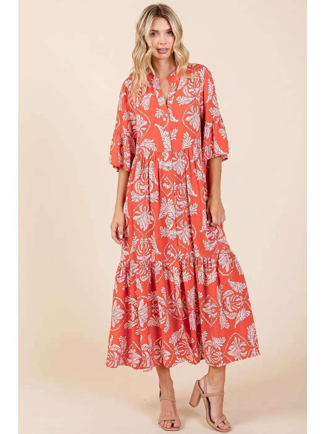 Abstract Leaf Print Tiered Ruffle Maxi Dress