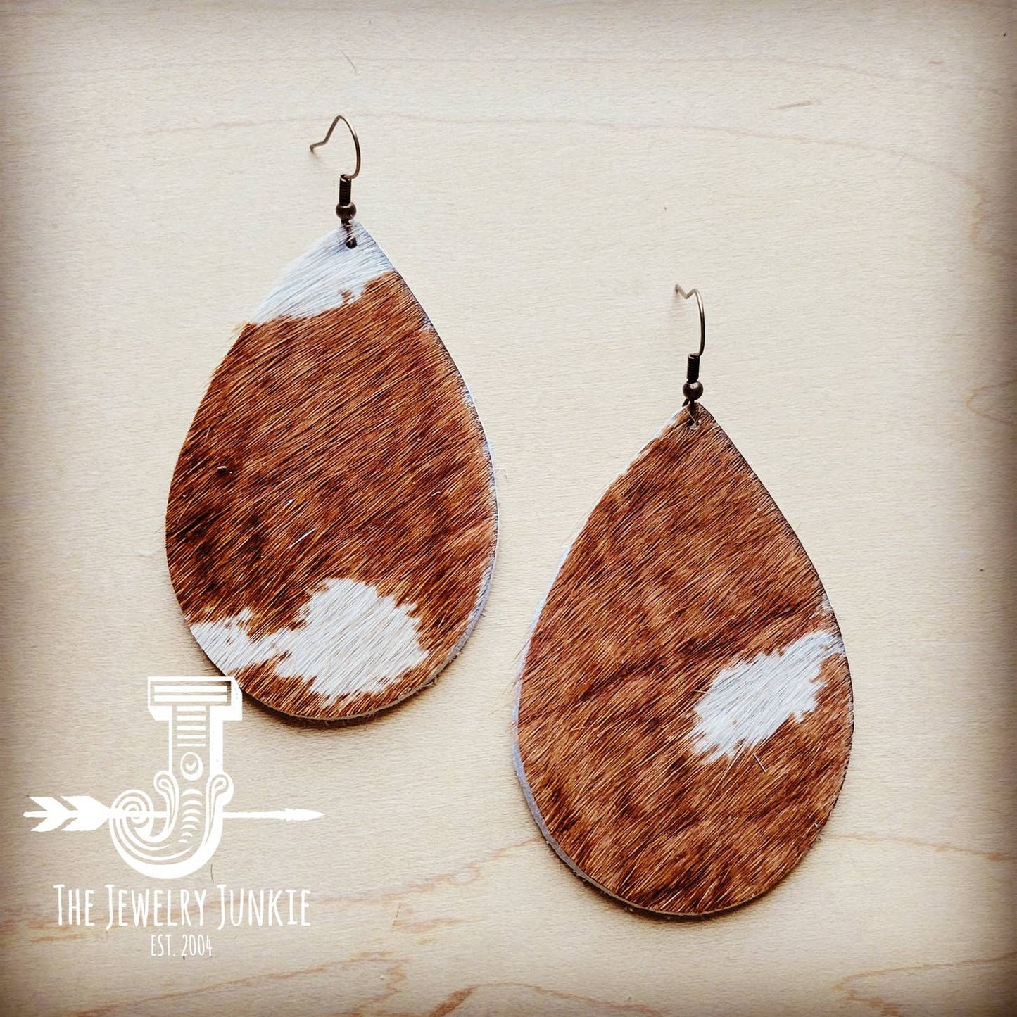 Leather Teardrop Earrings-Axis Deer Print Hair-on-Hide 209q