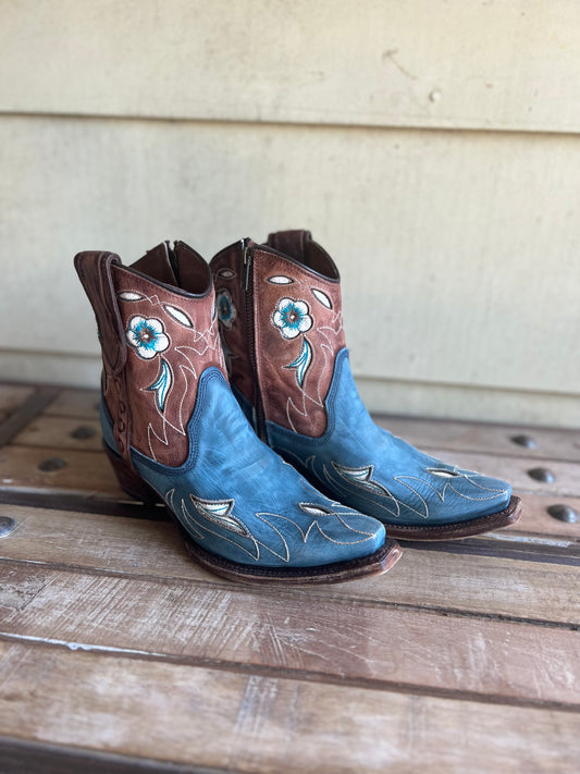 Circle G Blue/Shedron Inlay & Floral Embroidery Ankle Boot