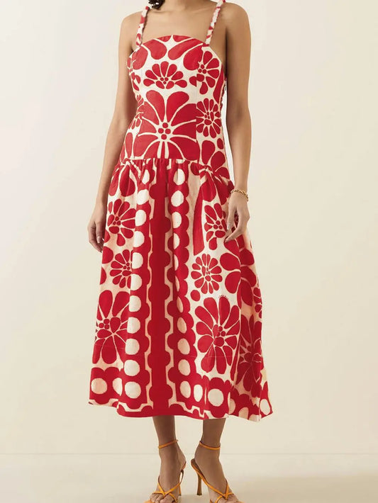 Red Floral Sleeveless Midi Dress