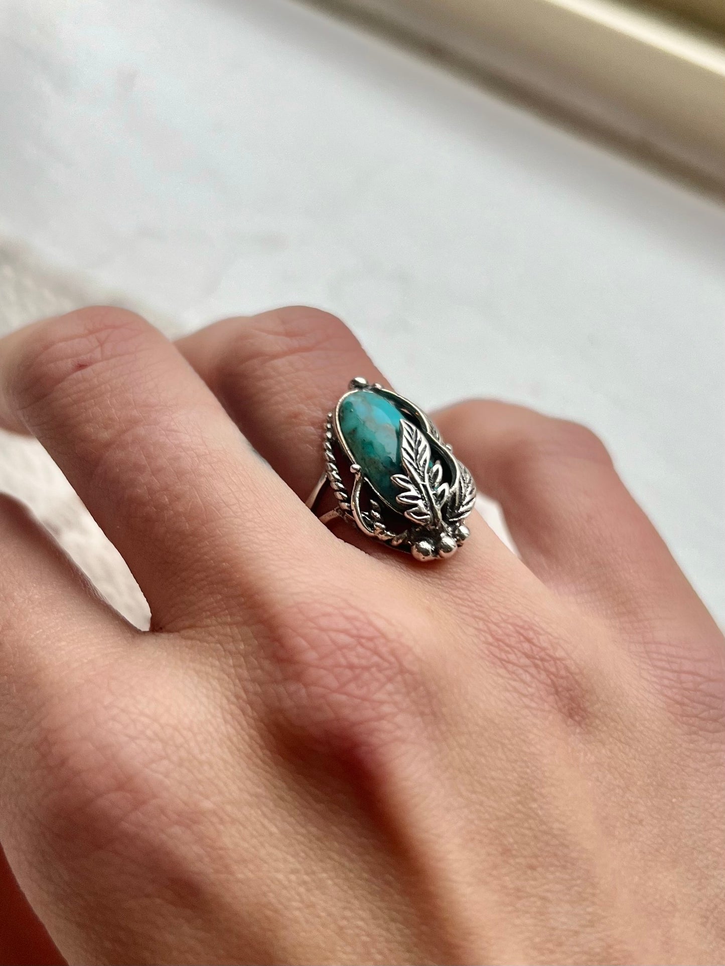 Intricate Sterling Leaf Detail Turquoise Ring - Size 6