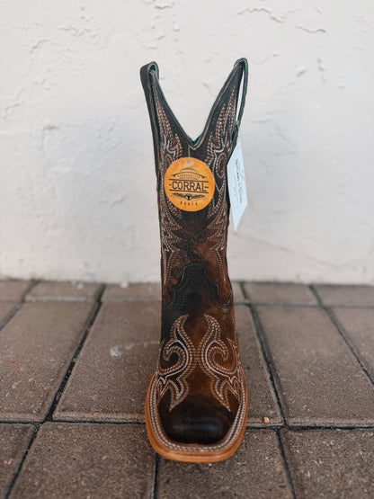 Corral Brown Flames Lamb Embroidery Square Toe Boot