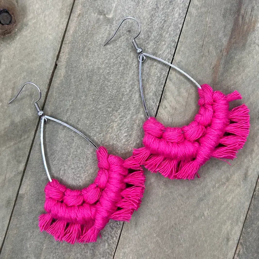 Large Teardrop Fringe Earrings - Hot Pink