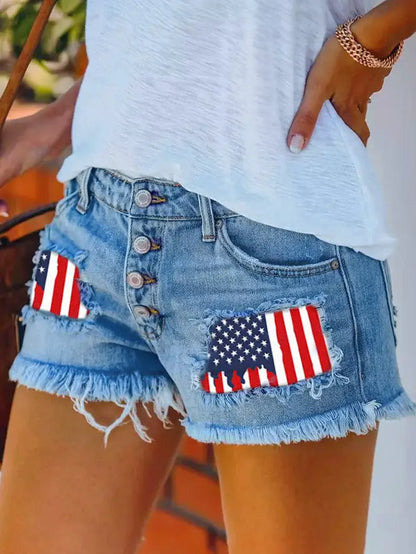 Patchwork American Flag Denim Shorts