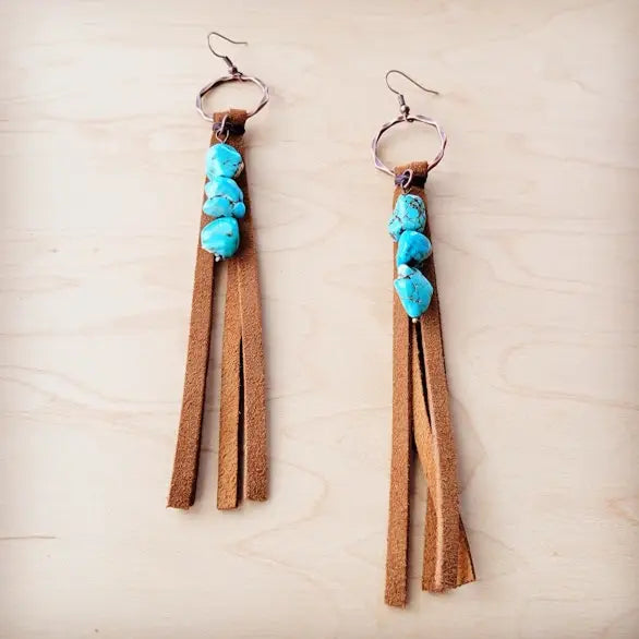 Leather Fringe Earrings w/ Turquoise Chunks - Tan