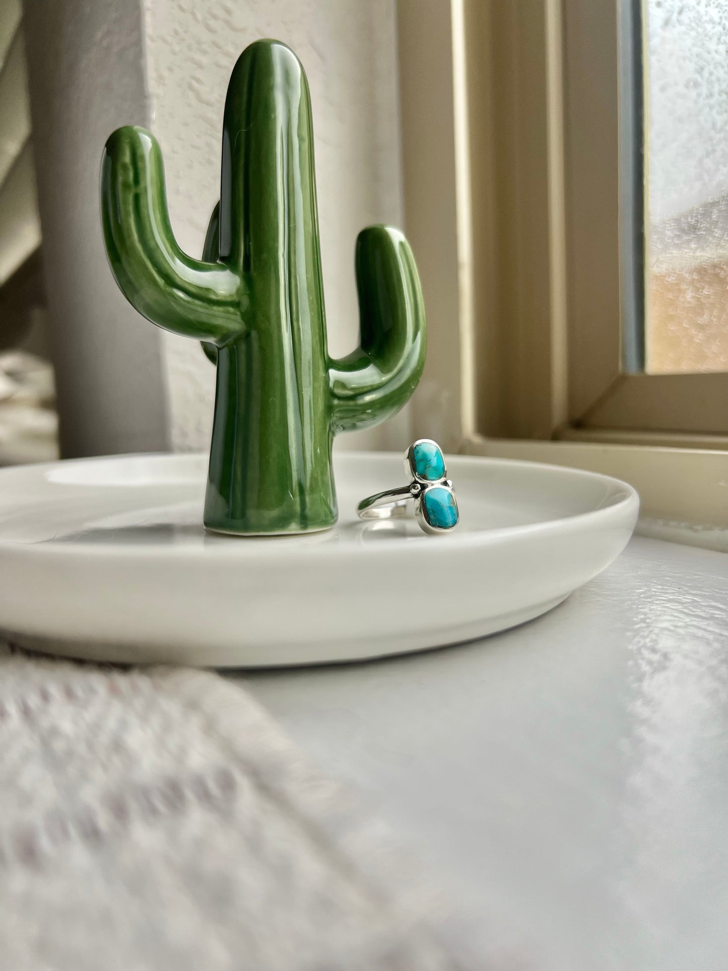 Curved Rectangle Double Stone Turquoise Ring - Size 7