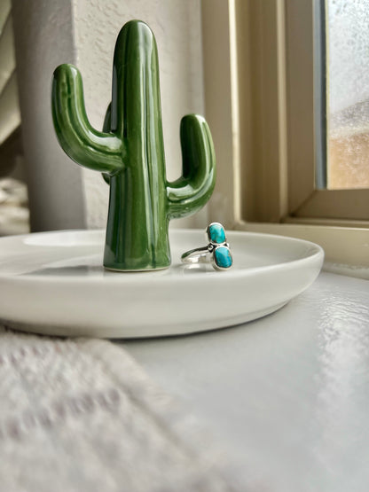 Curved Rectangle Double Stone Turquoise Ring - Size 7