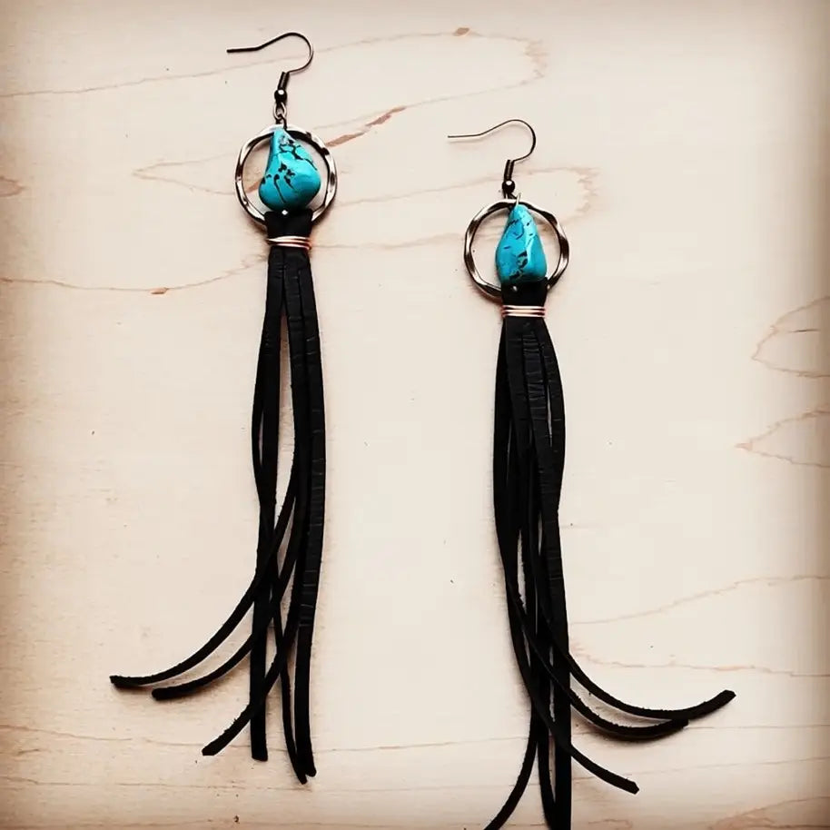 Turquoise Drop Earrings w/ Black Leather Tassel
