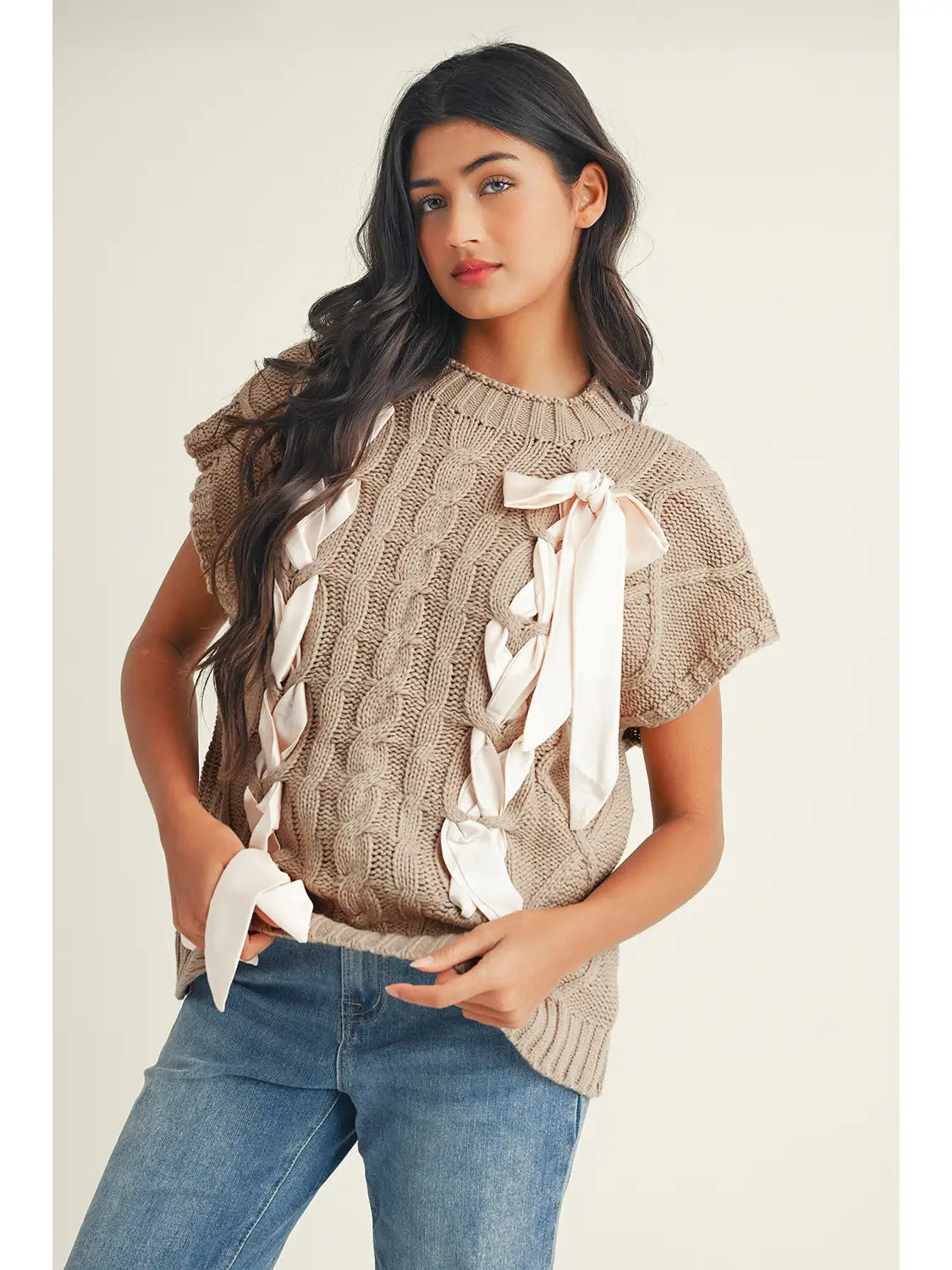 Cable Knit Bow Detail Short Sleeve Sweater