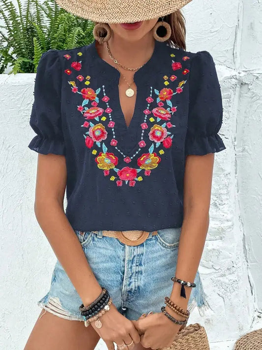 Puff Sleeve Floral Embroidered Blouse