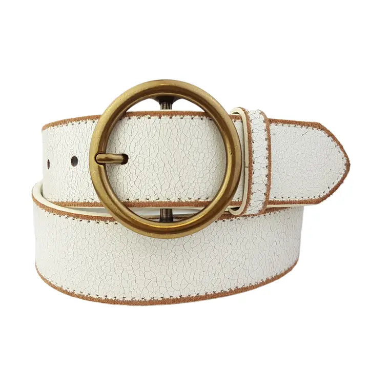 Vintage Leather Belt with Distress Burnish Edge - Cream